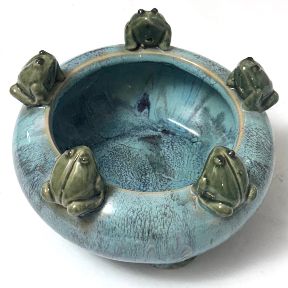 Vtg Drip Glaze Frog Rim Planter Bowl Blue Green Reactive Glaze Art‎ Pottery